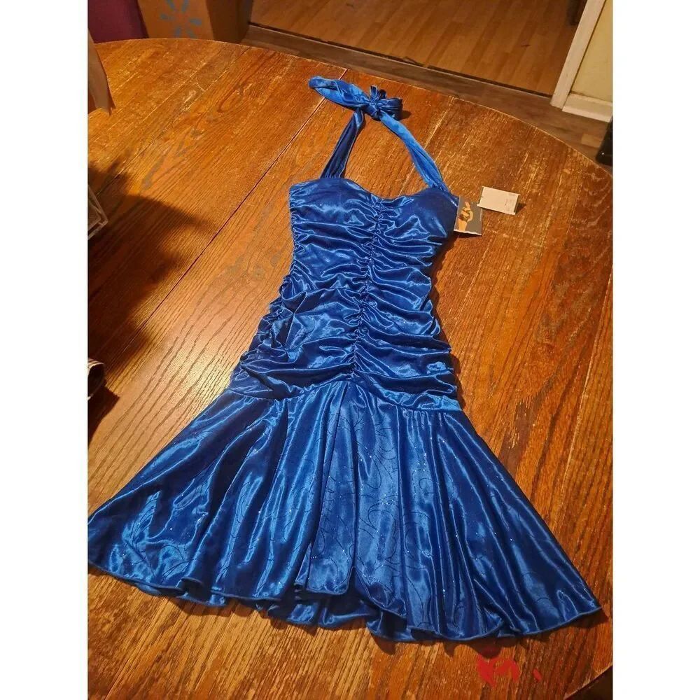 New Small Ruby Rox Blue Metallic Sleeveless Halter Bodycon Party Cruise Dress